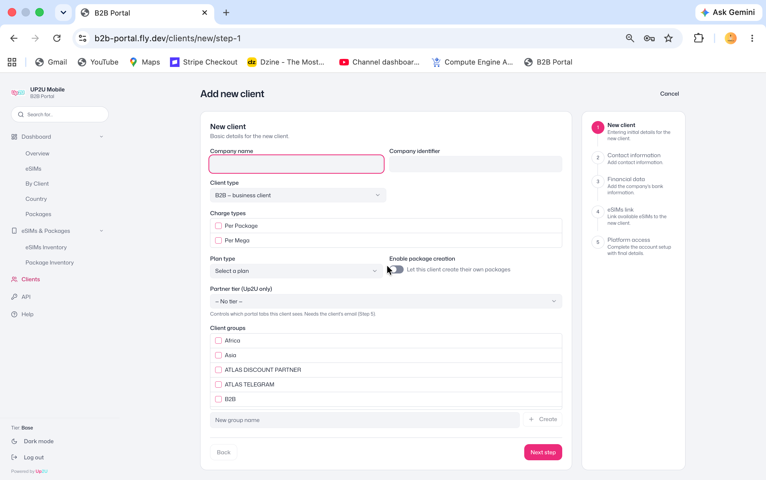 B2B Portal add new client form with company details and partner tier
