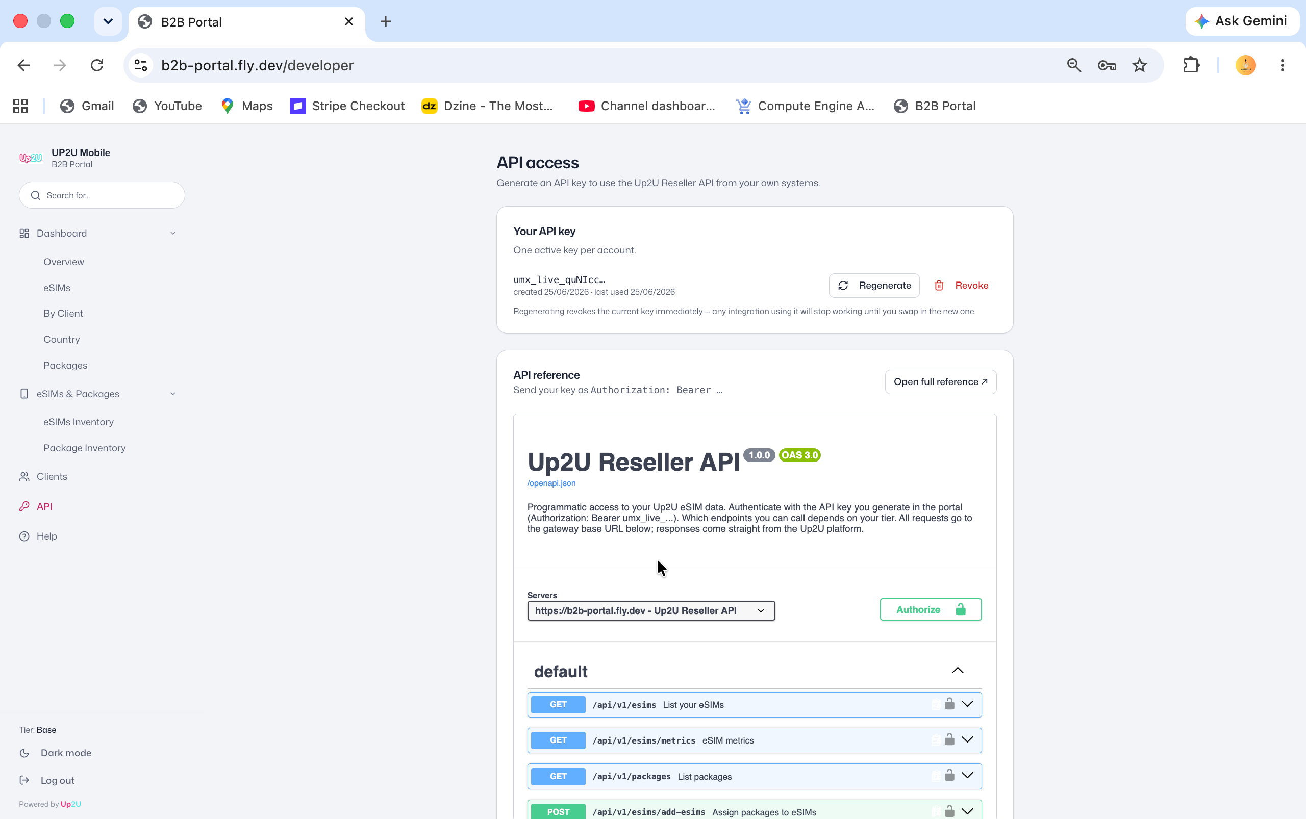 B2B Portal API access page showing API key management and reference docs