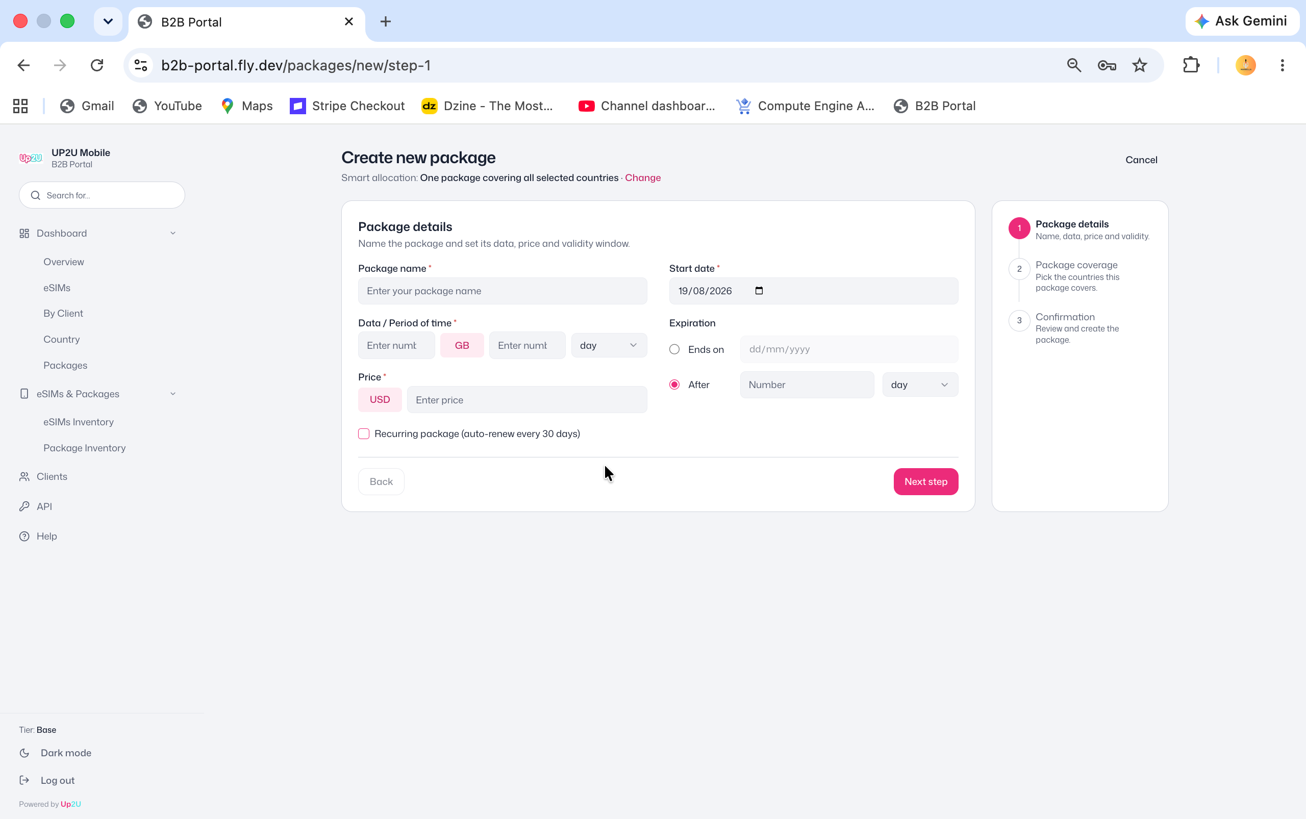 B2B Portal create new package form with data, price and expiration fields