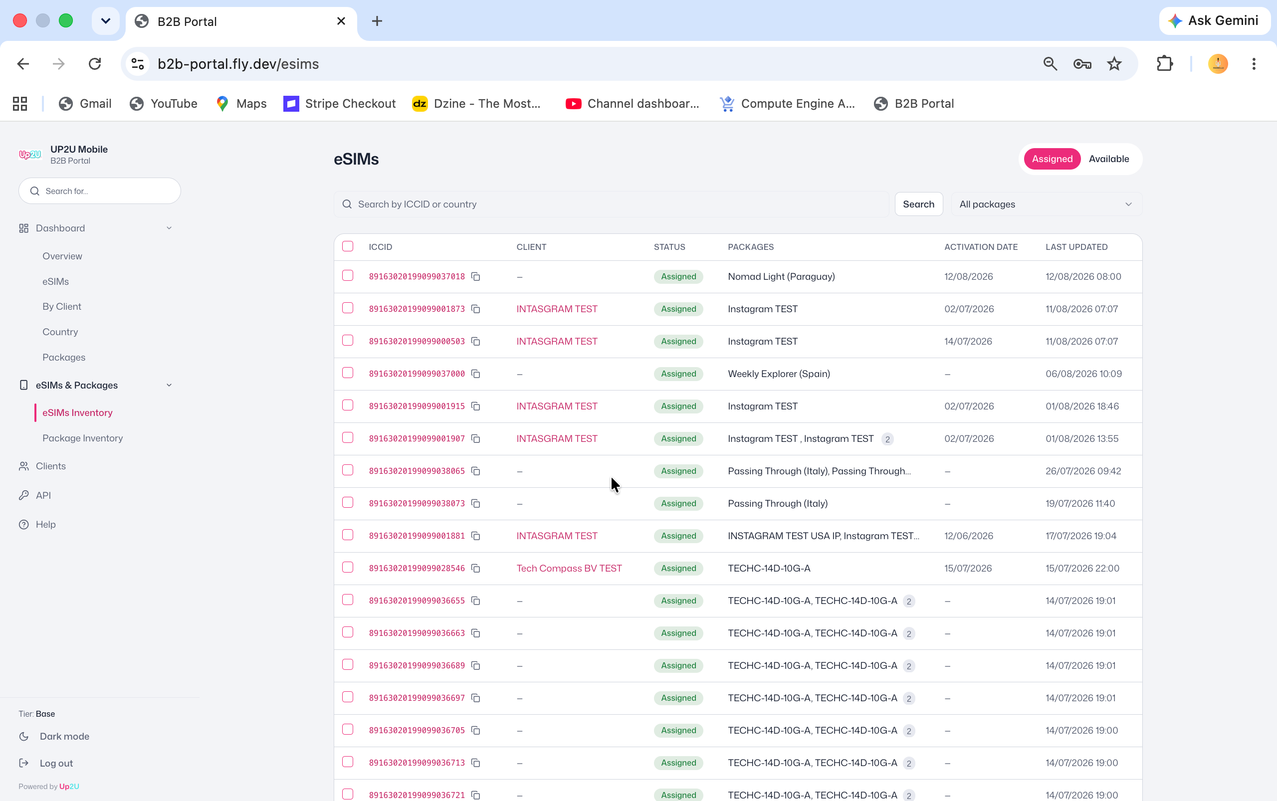 B2B Portal eSIMs inventory table with ICCID, client, status and packages
