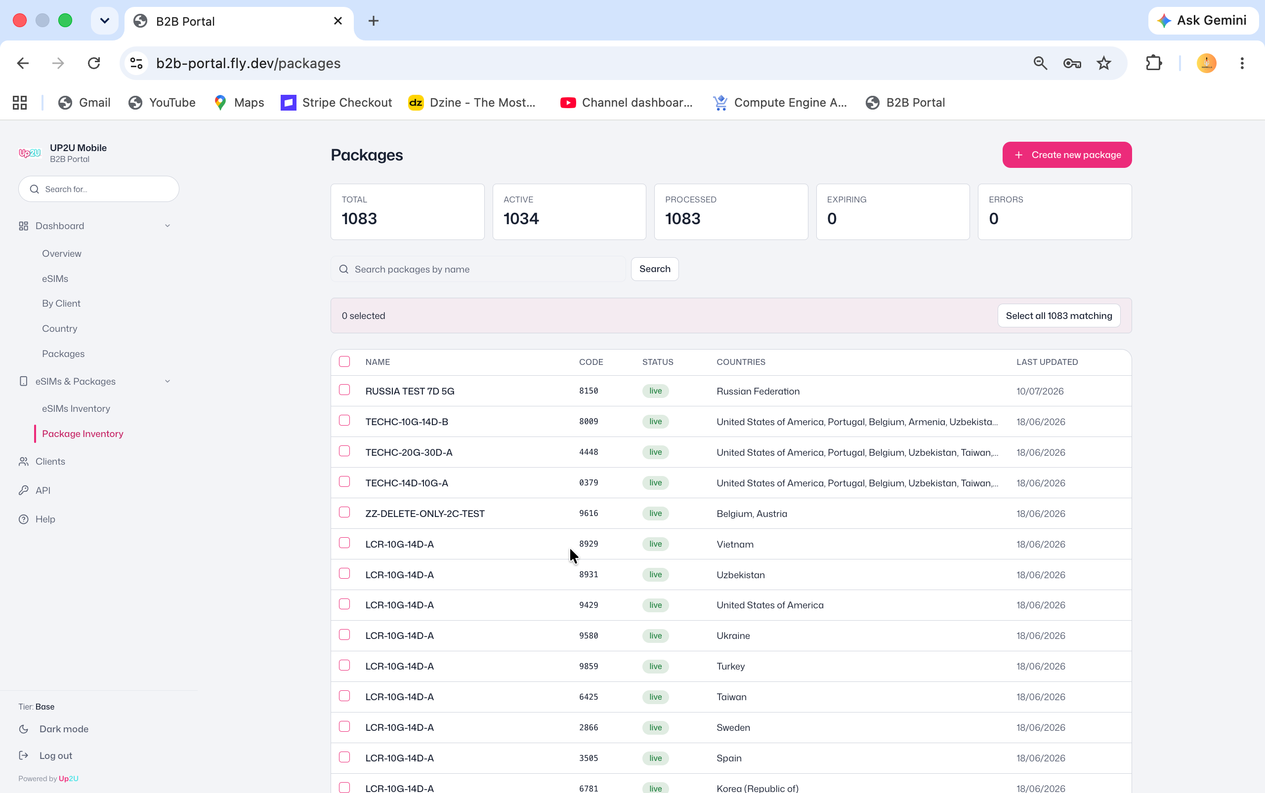 B2B Portal package inventory showing 1083 total packages with live status