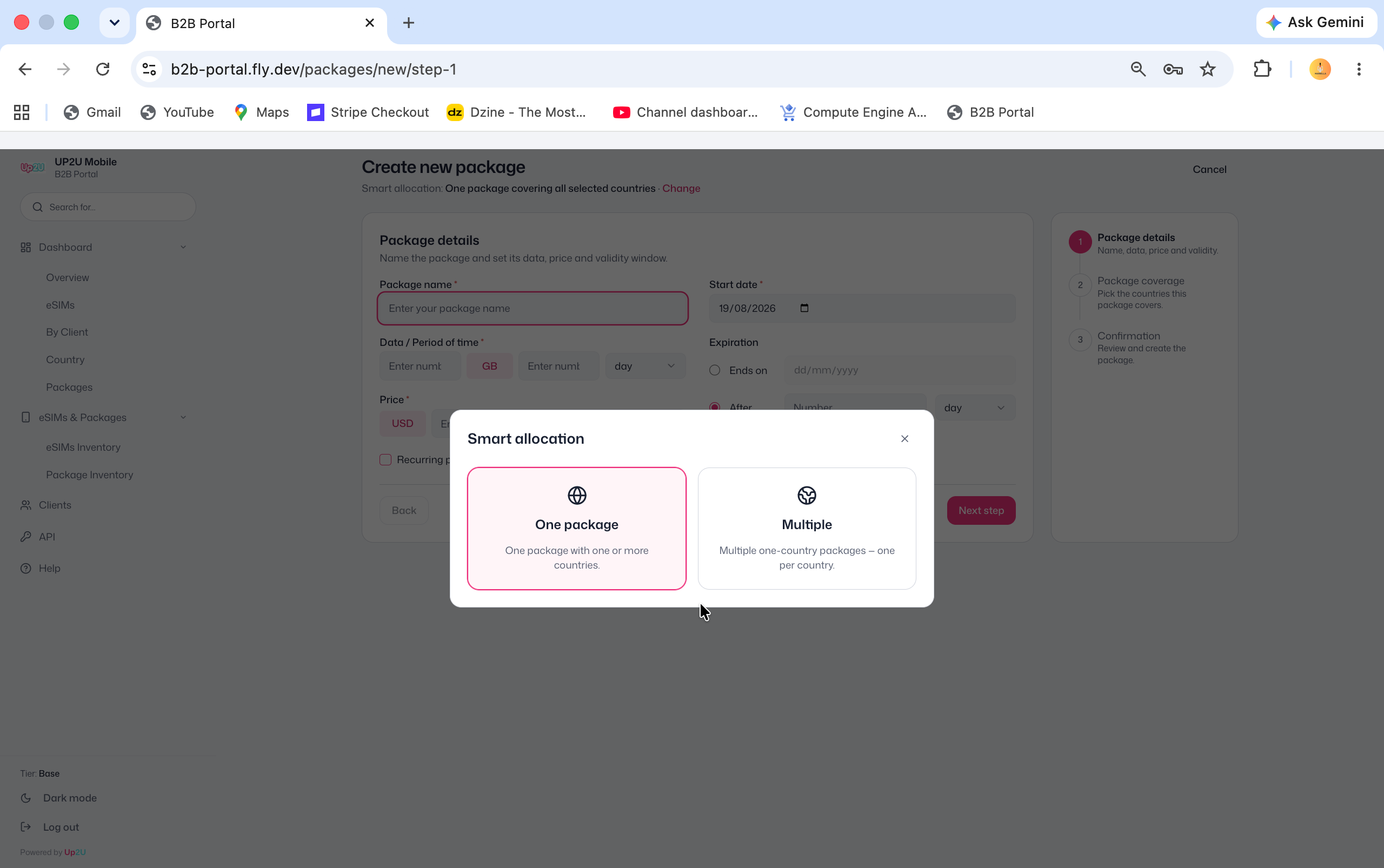 B2B Portal smart allocation modal choosing between one package or multiple country packages
